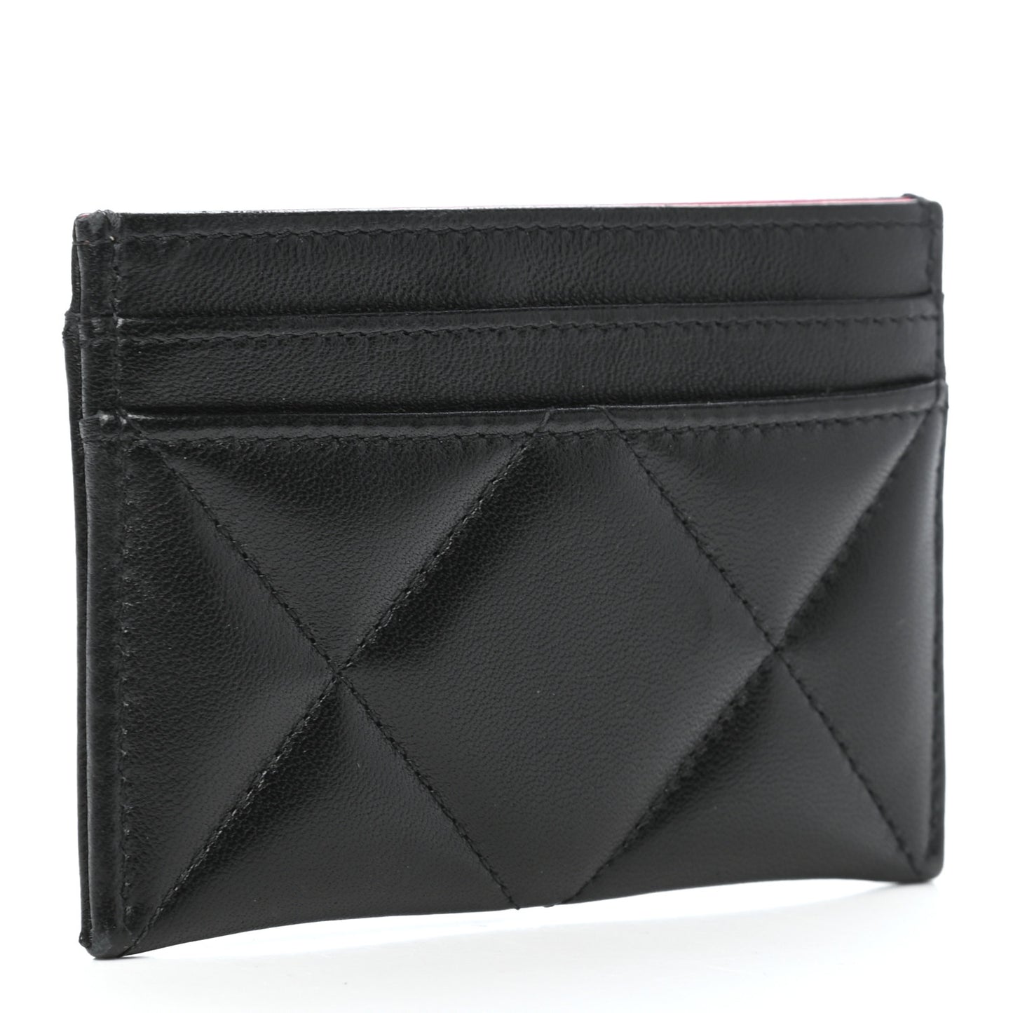 Shiny Goatskin Quilted Chanel 19 Card Holder Black