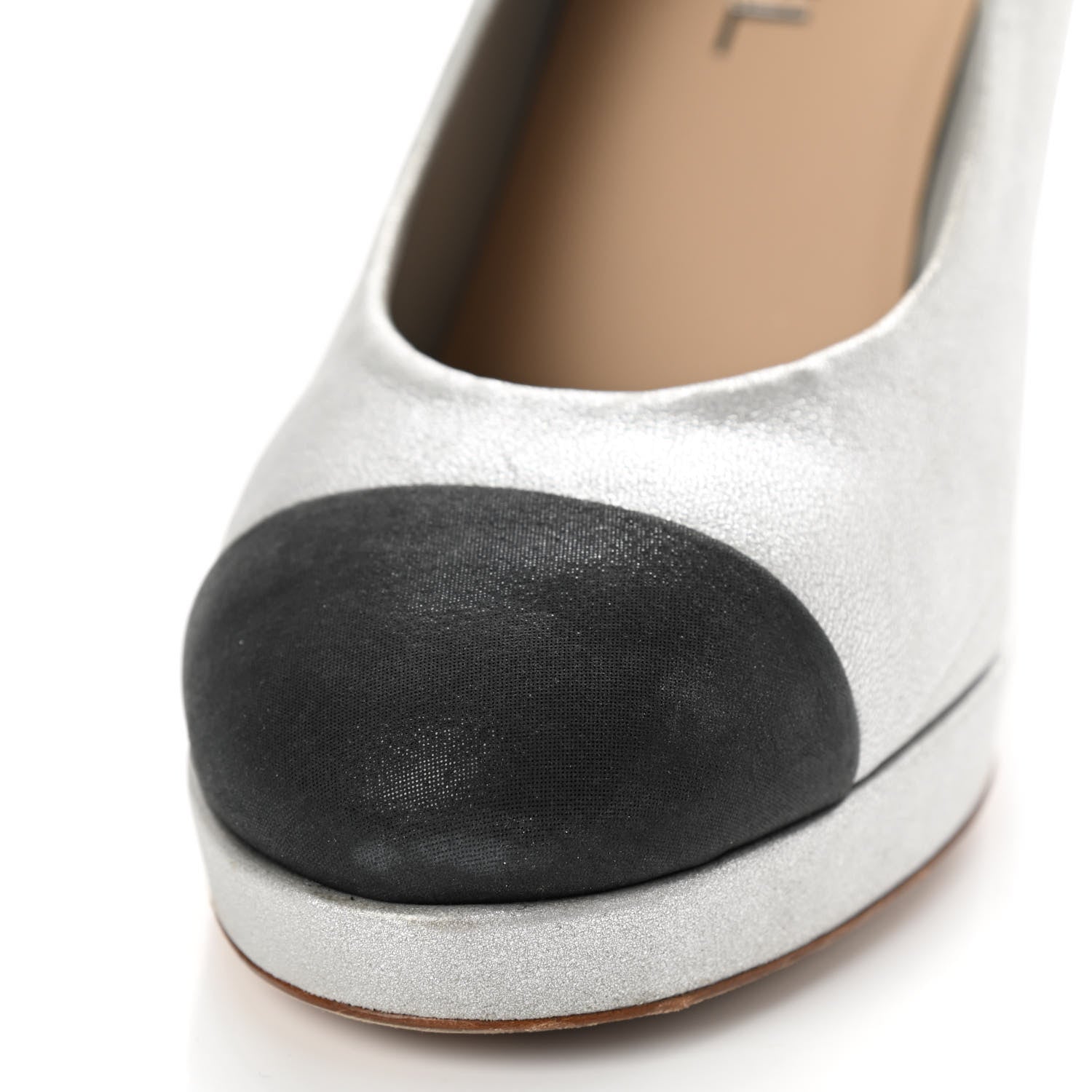 Chanel Metallic Calfskin Buffalo Cap Toe CC Pumps 37 Silver Black 8 of 9
