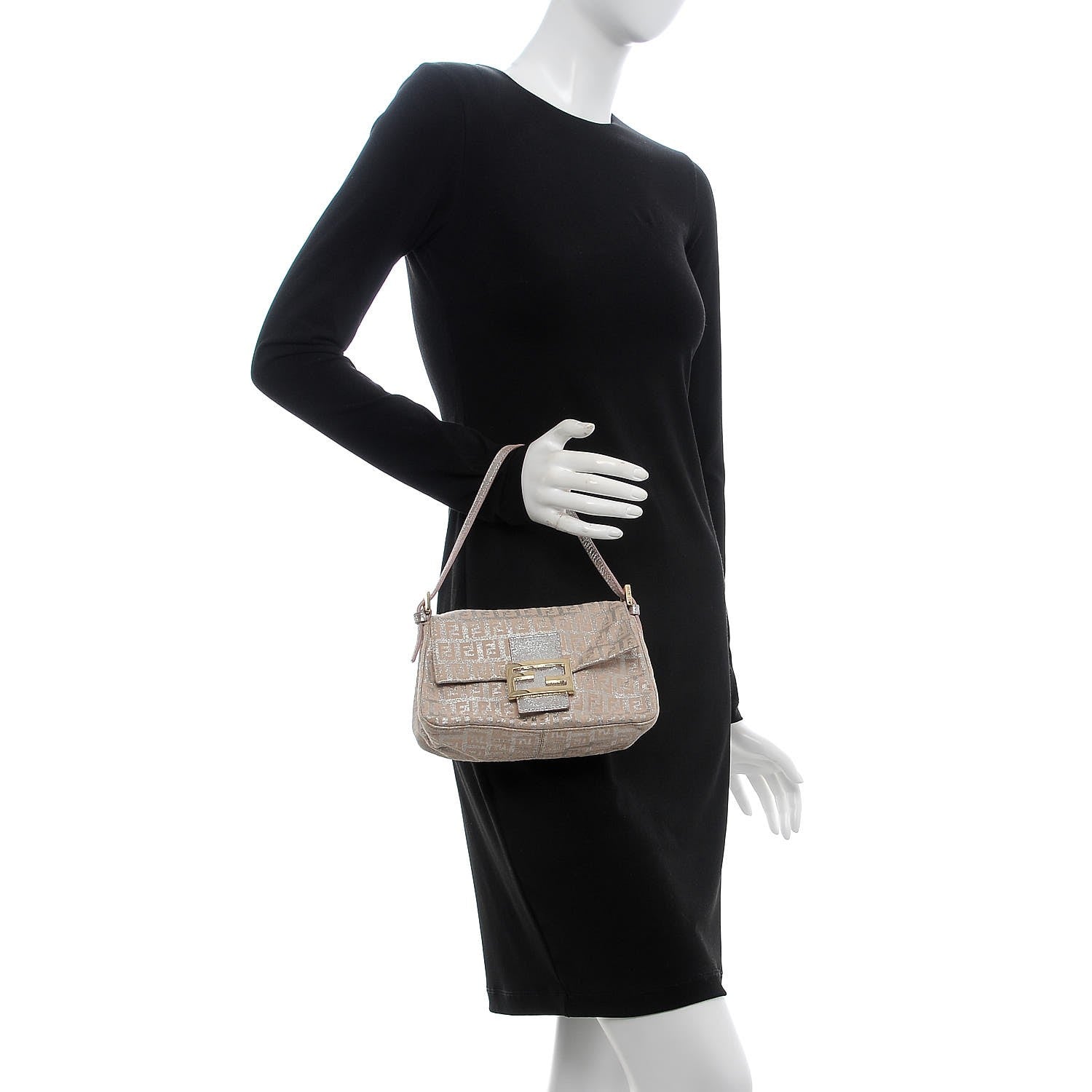Fendi Metallic Jacquard Zucchino Suede Mini Mama Baguette Cipria Argento Grigio 2 of 8
