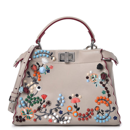 Fendi Nappa Embroidered Flower Scalloped Mini Peekaboo Iconic Satchel Grigio Polvere 1 of 10