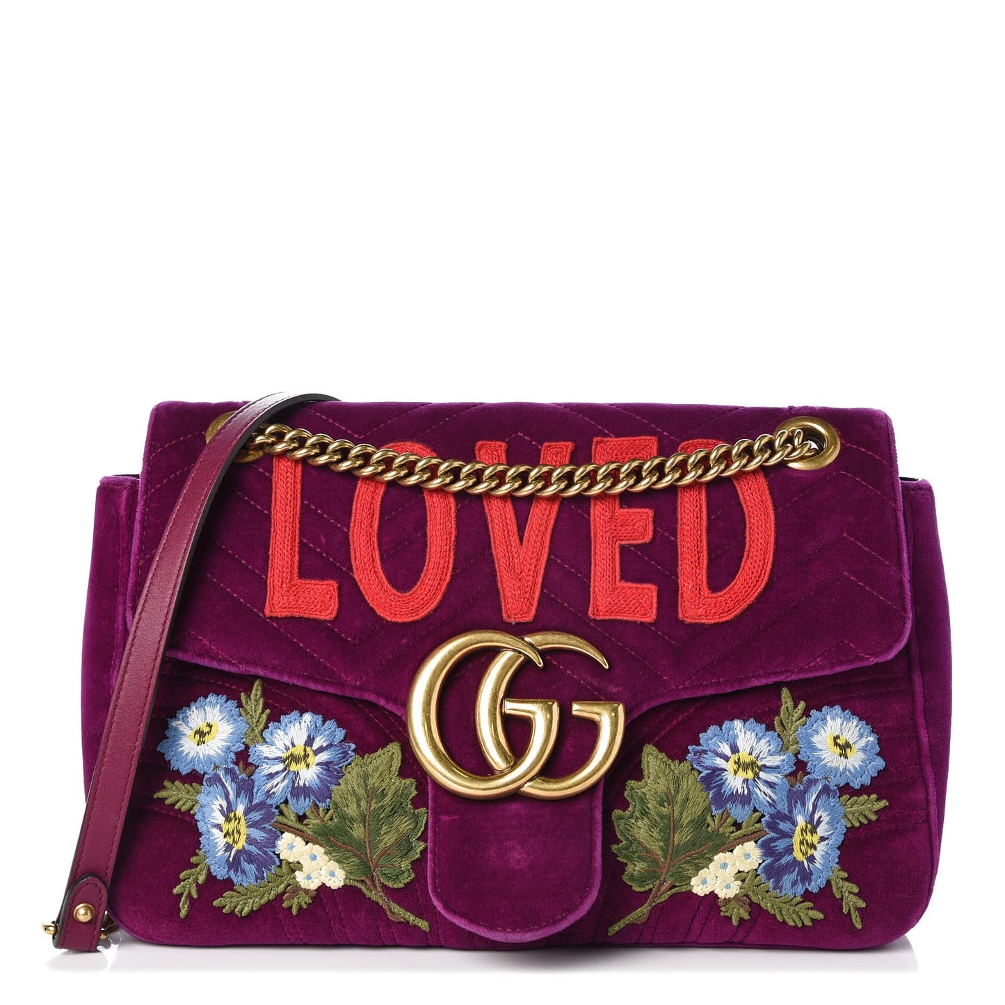 Velvet Matelasse Loved Embroidered Medium GG Marmont Shoulder Bag Fuchsia Violet Cyclamen