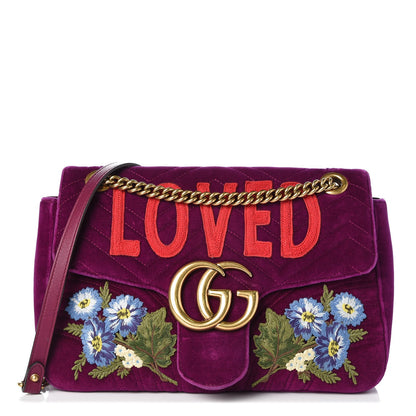 Gucci Velvet Matelasse Loved Embroidered Medium GG Marmont Shoulder Bag Fuchsia Violet Cyclamen 1 of 13