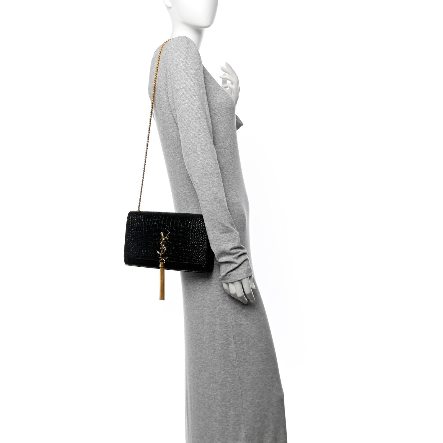 Saint Laurent Calfskin Crocodile Embossed Medium Classic Monogram Kate Tassel Satchel Black 2 of 9