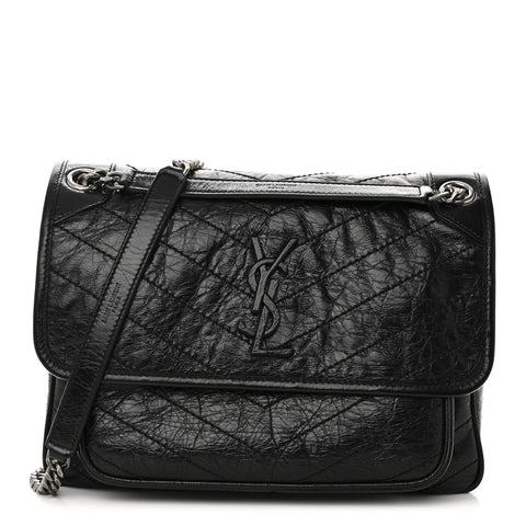 Crinkled Calfskin Matelasse Monogram Medium Niki Chain Satchel Black