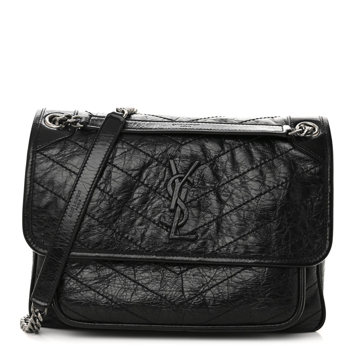 Crinkled Calfskin Matelasse Monogram Medium Niki Chain Satchel Black