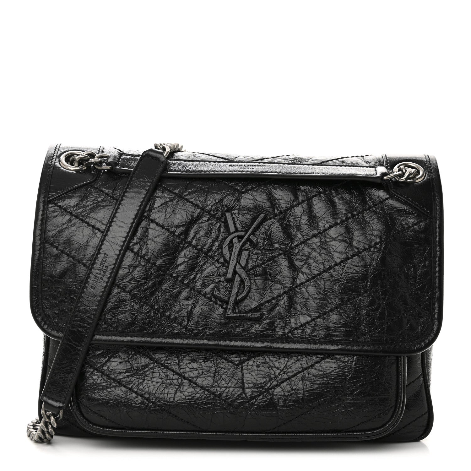 Saint Laurent Crinkled Calfskin Matelasse Monogram Medium Niki Chain Satchel Black 1 of 10