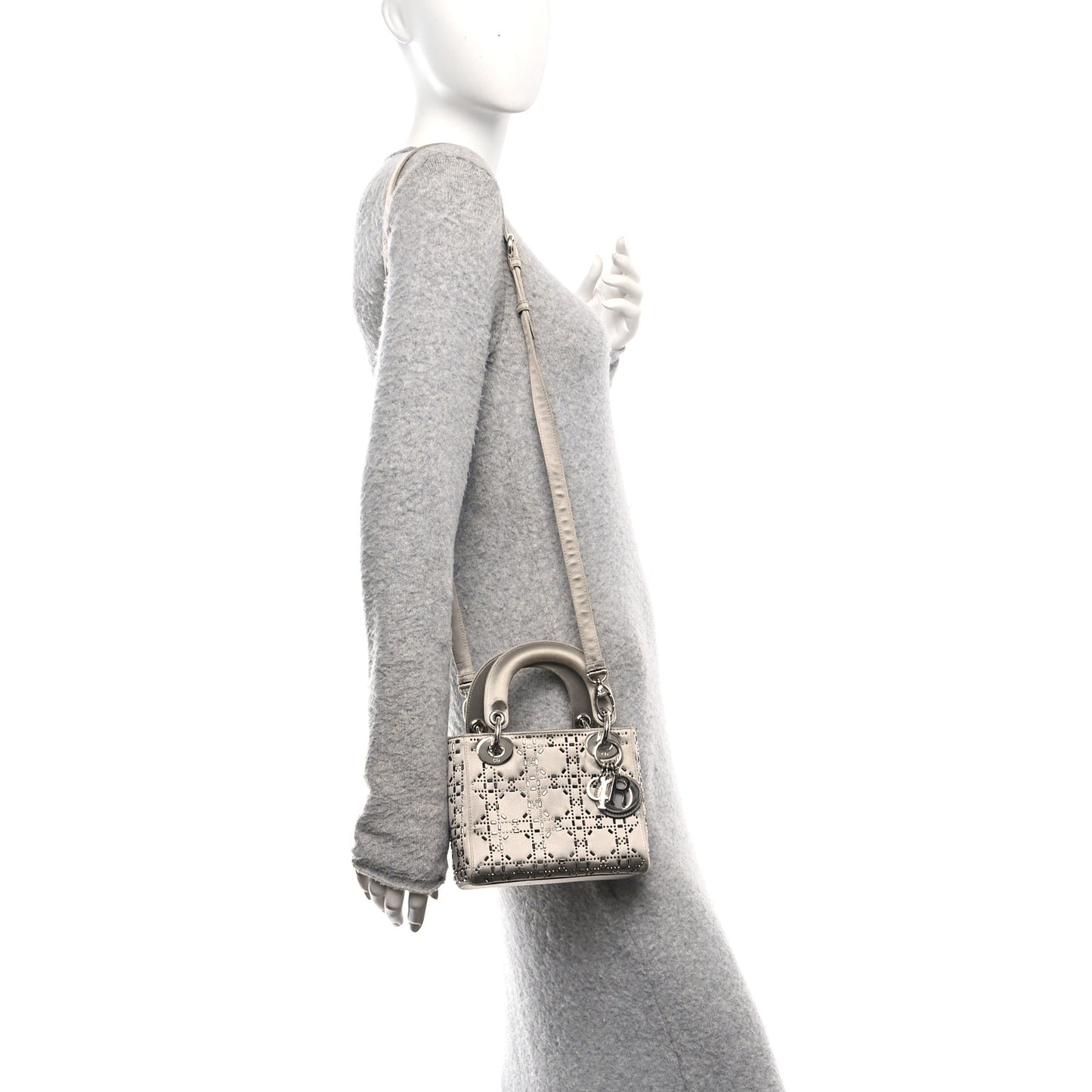 Satin Crystal Cannage Mini Lady Dior Gray
