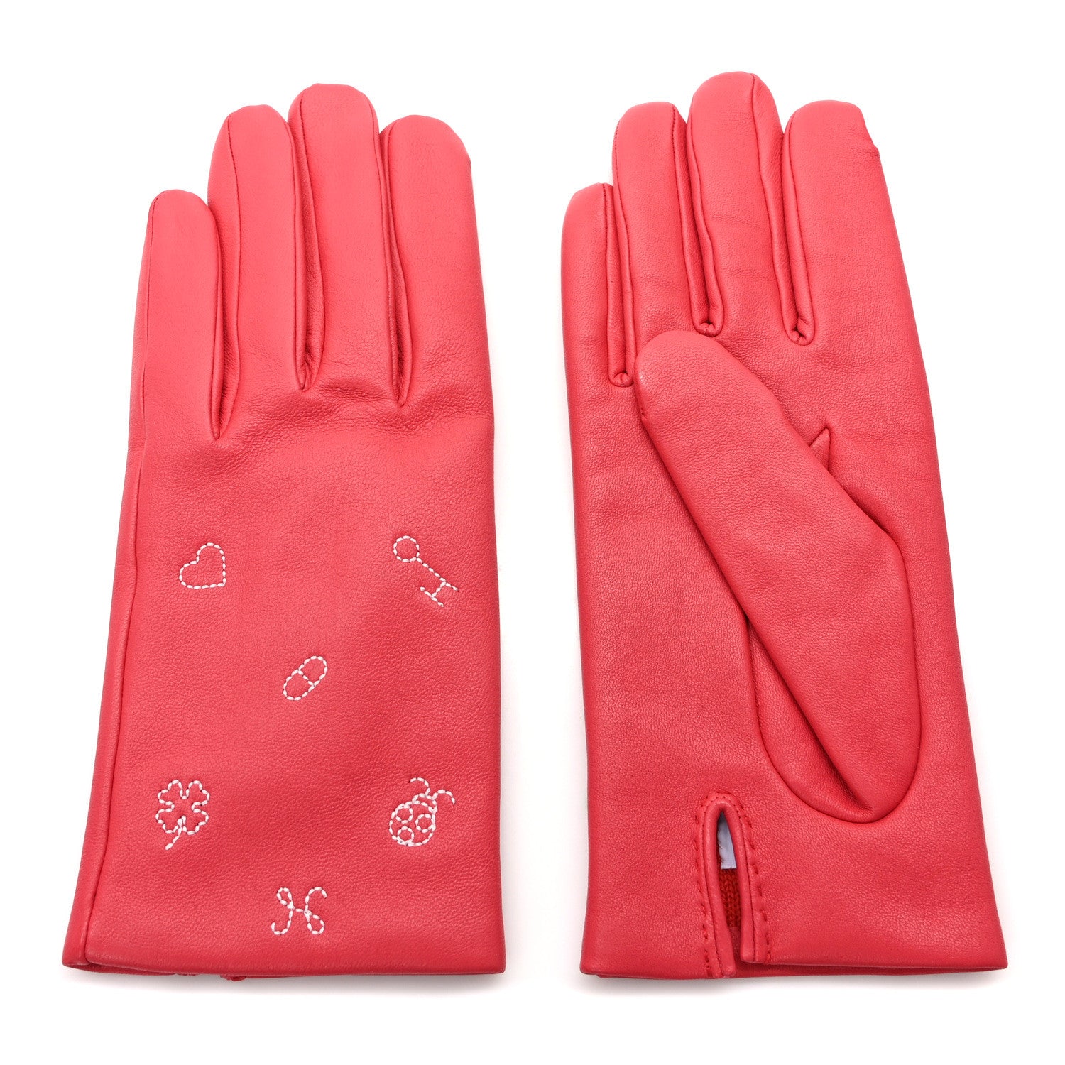 Hermes Glossed Lambskin Cashmere Embroidered Lucky Charms Gloves 8 Bougainvillea 1 of 4