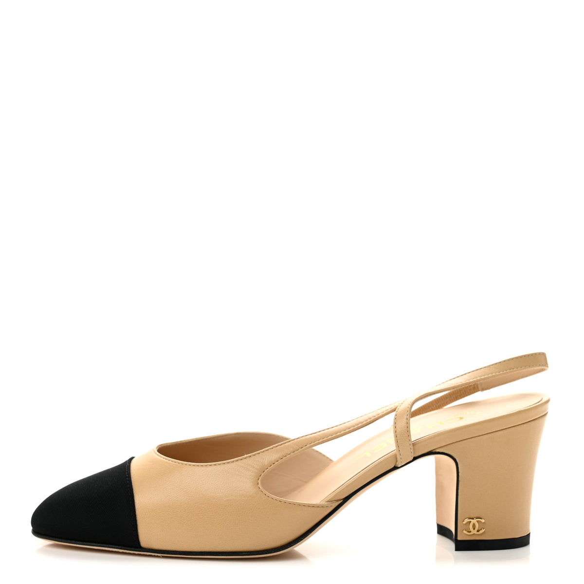 Goatskin Grosgrain Cap Toe CC Slingback Pumps 39 Beige Black