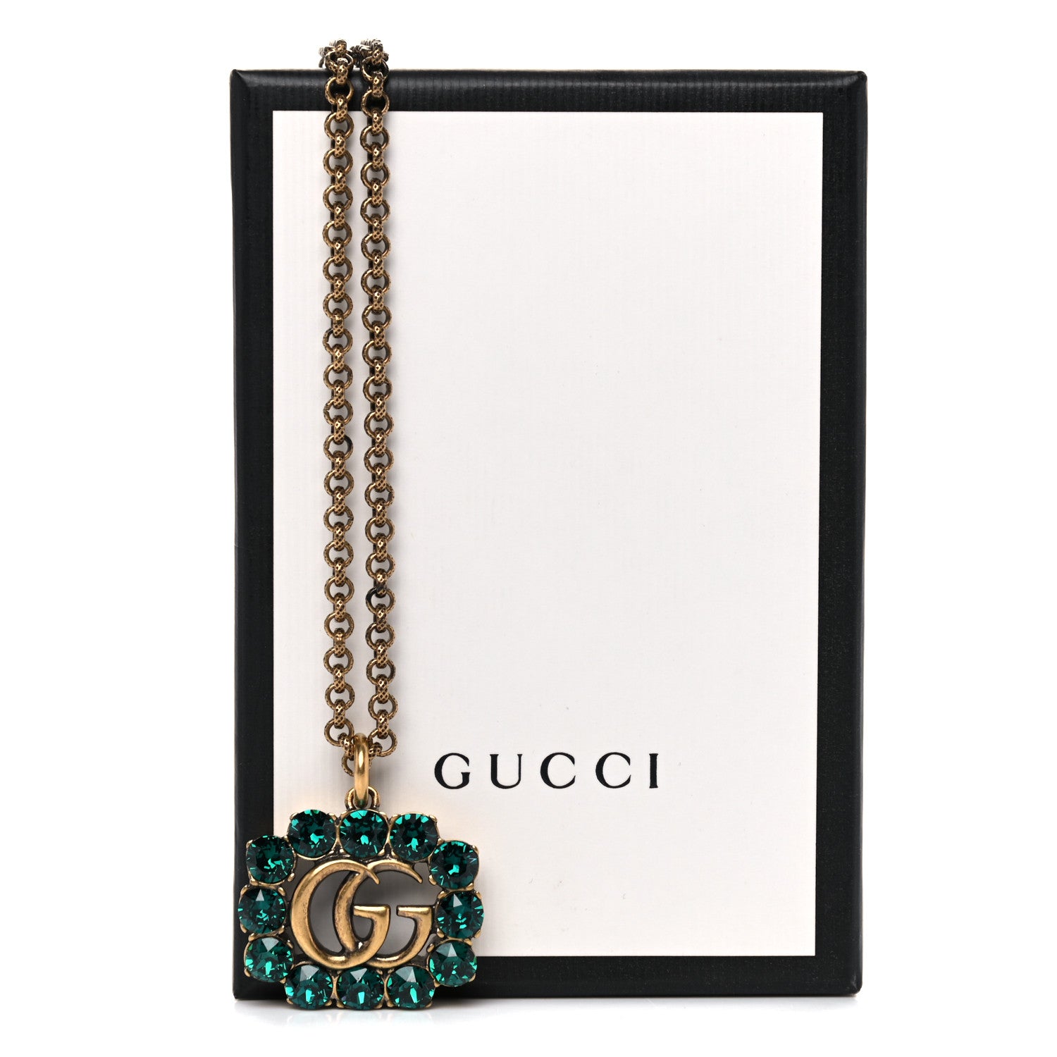 Gucci Crystal Embellished Double G Necklace Aged Gold Green 5 of 5