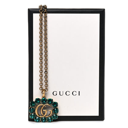 Gucci Crystal Embellished Double G Necklace Aged Gold Green 5 of 5