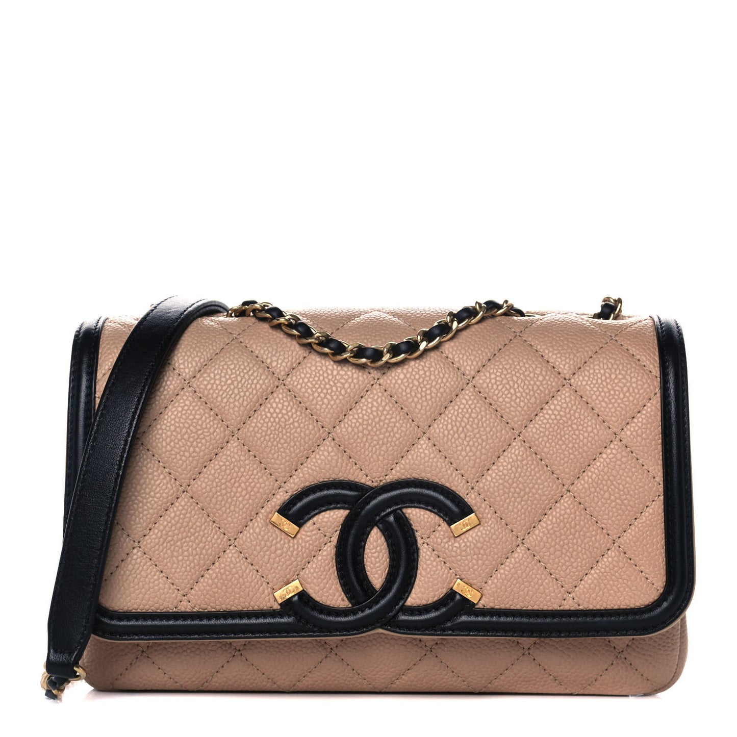 Caviar Quilted Small CC Filigree Flap Beige Black