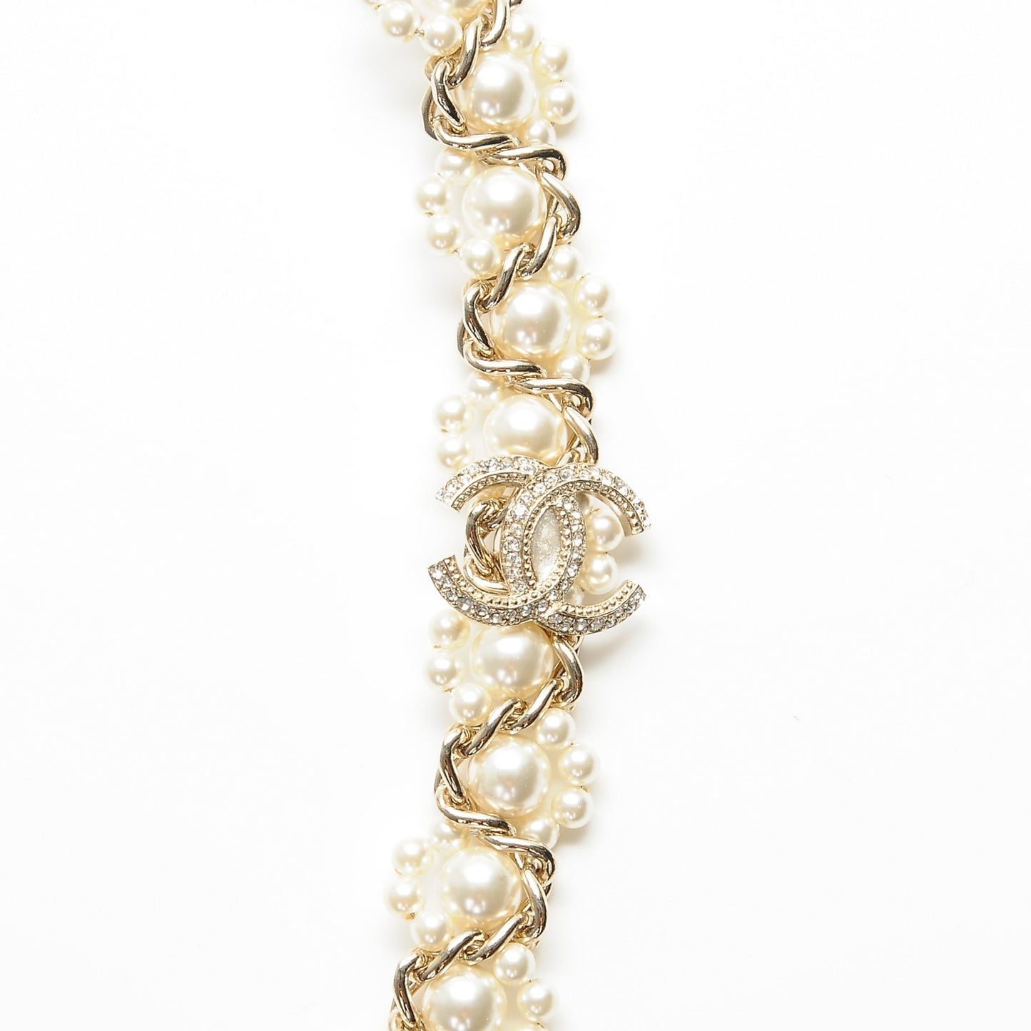 Pearl Crystal CC Lanyard Necklace Gold