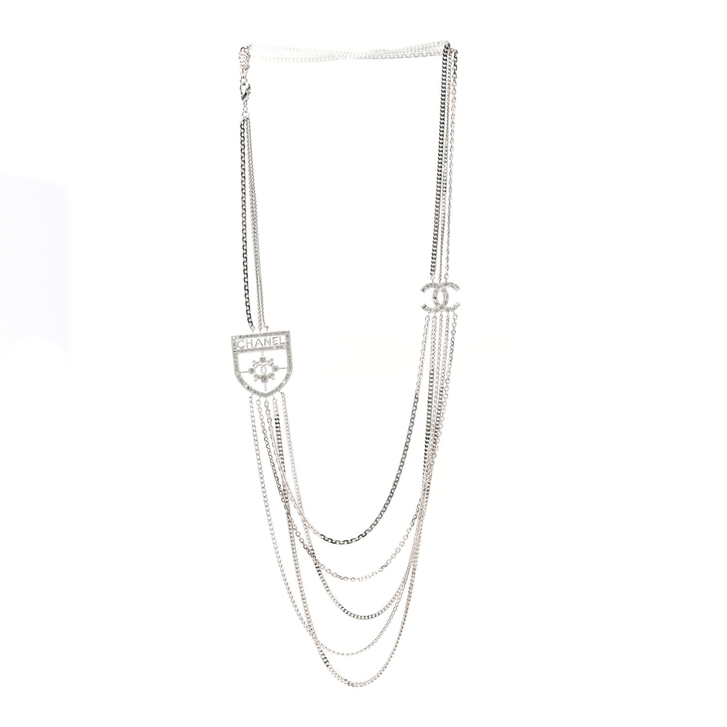 Chanel Baguette Crystal CC Shield Multi Strand Long Chain Necklace Silver 3 of 6