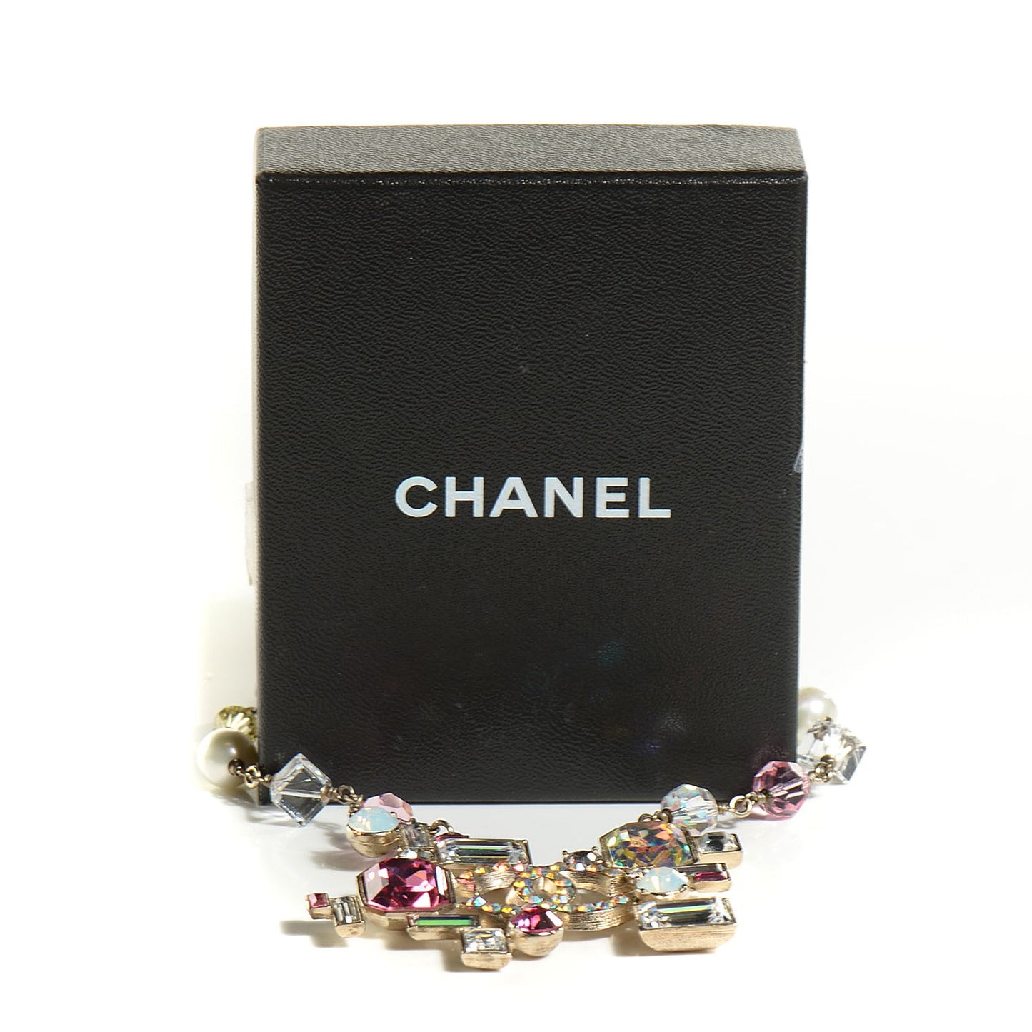 Crystal Baguette CC Pearl Necklace Pink Gold
