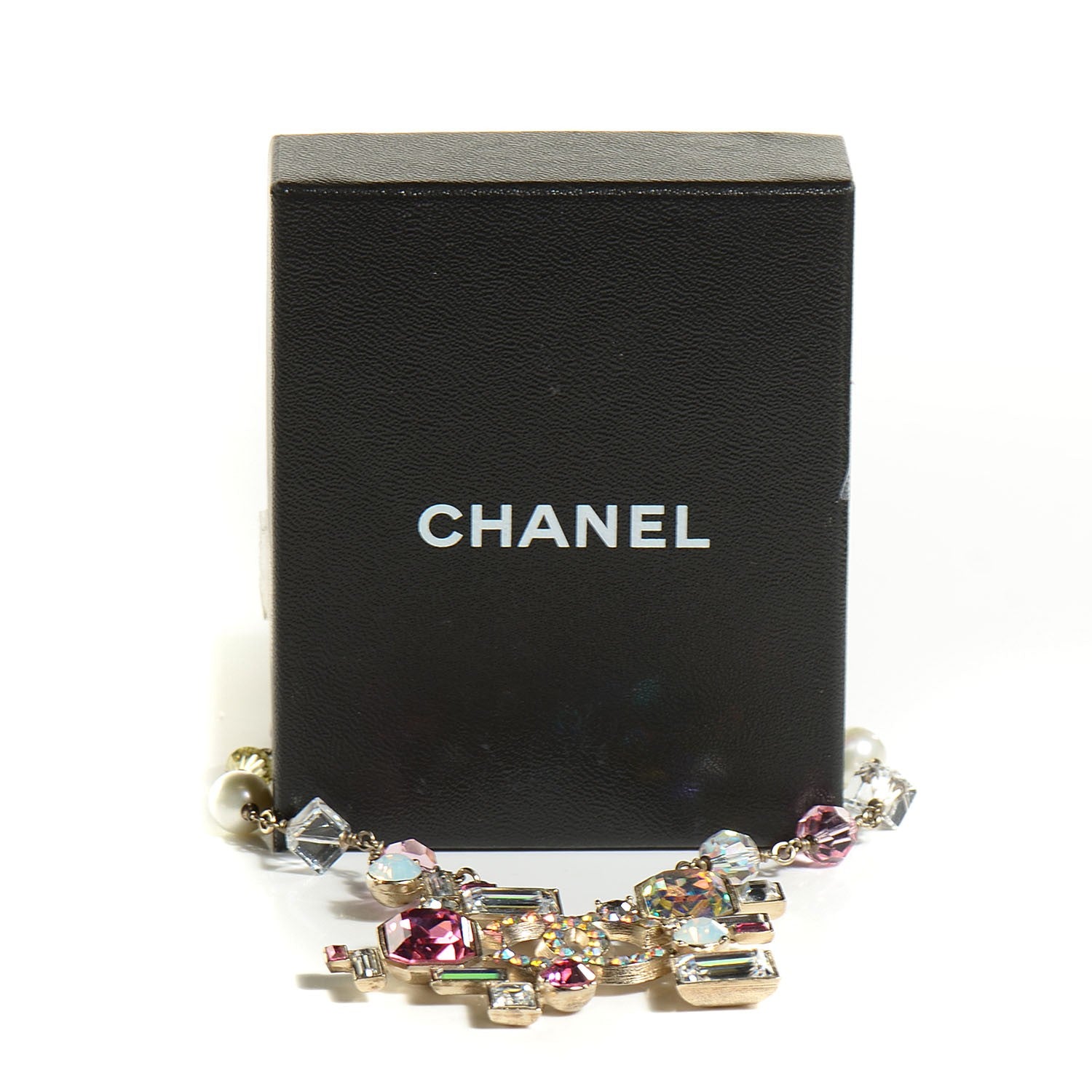 Chanel Crystal Baguette CC Pearl Necklace Pink Gold 4 of 6