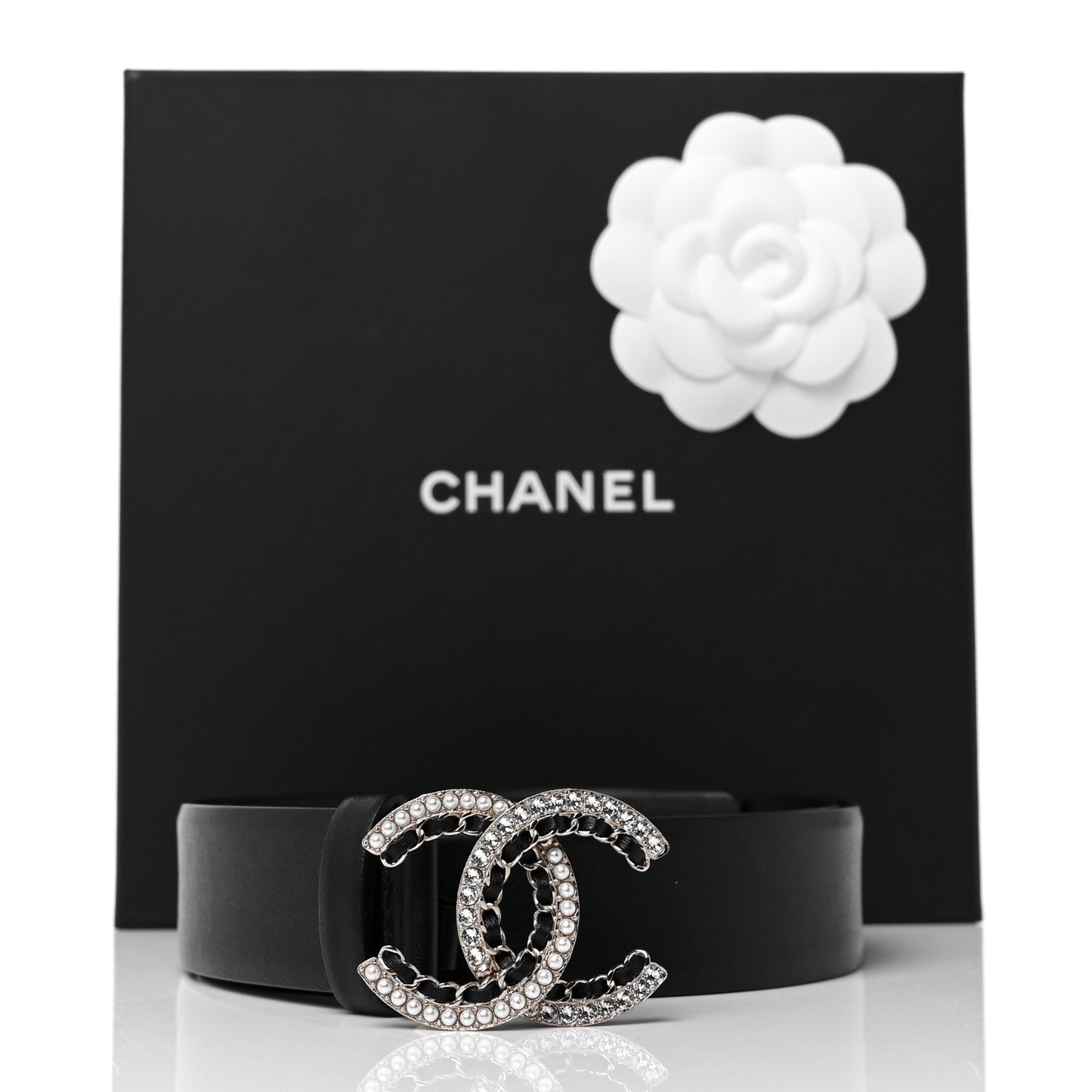 Calfskin Pearl Crystal CC Chain Belt 90 36 Black