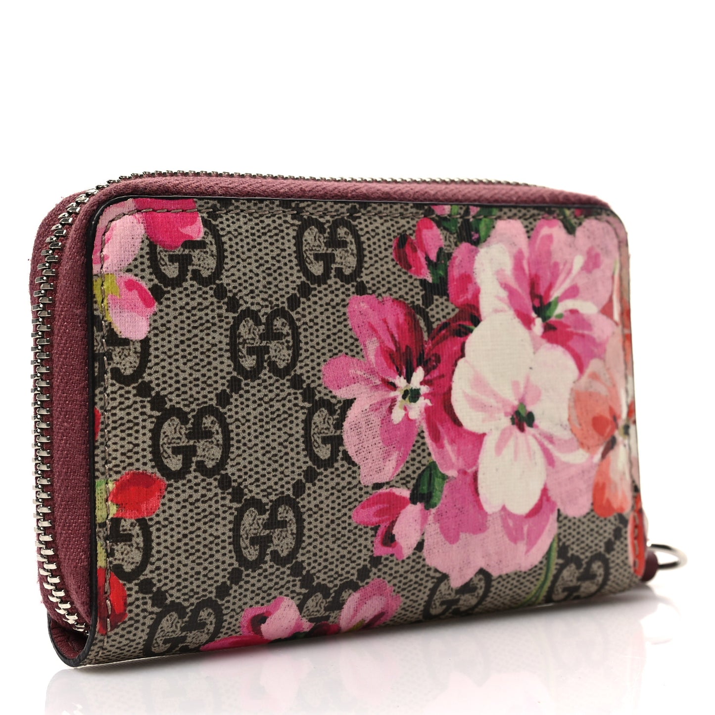 GG Supreme Monogram Blooms Zip Around Card Case Wallet Beige Multicolor Dry Rose