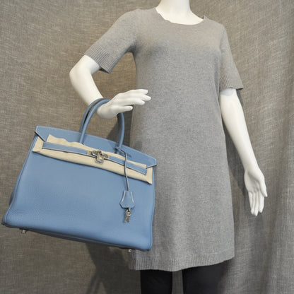 Hermes Clemence Leather BIRKIN 35 Blue Jean Tote Bag 2 of 9