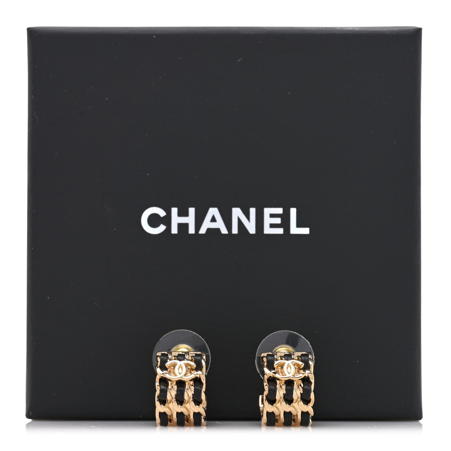 Lambskin CC Triple Chain Hoop Earrings Gold Black