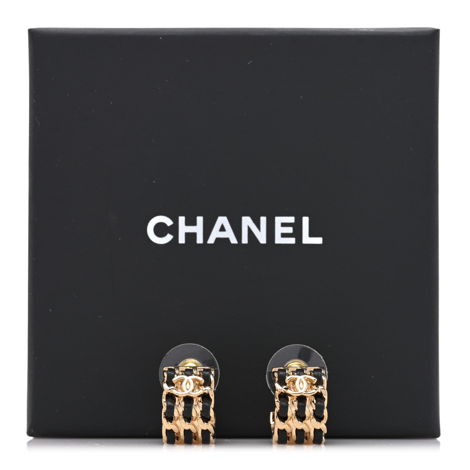 Chanel Lambskin CC Triple Chain Hoop Earrings Gold Black 5 of 5