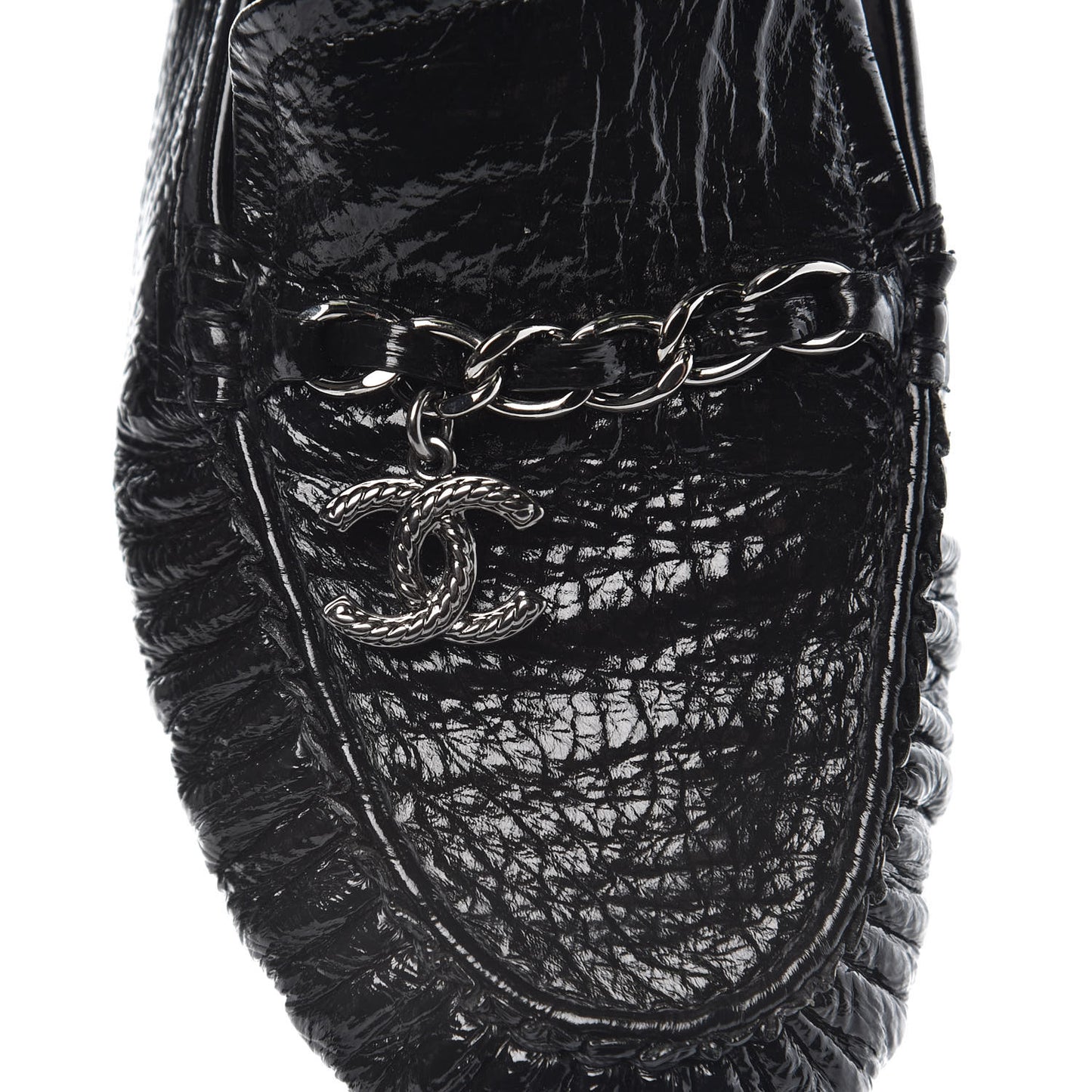 Patent Crackled Calfskin CC Mocassin Loafers 41 Black