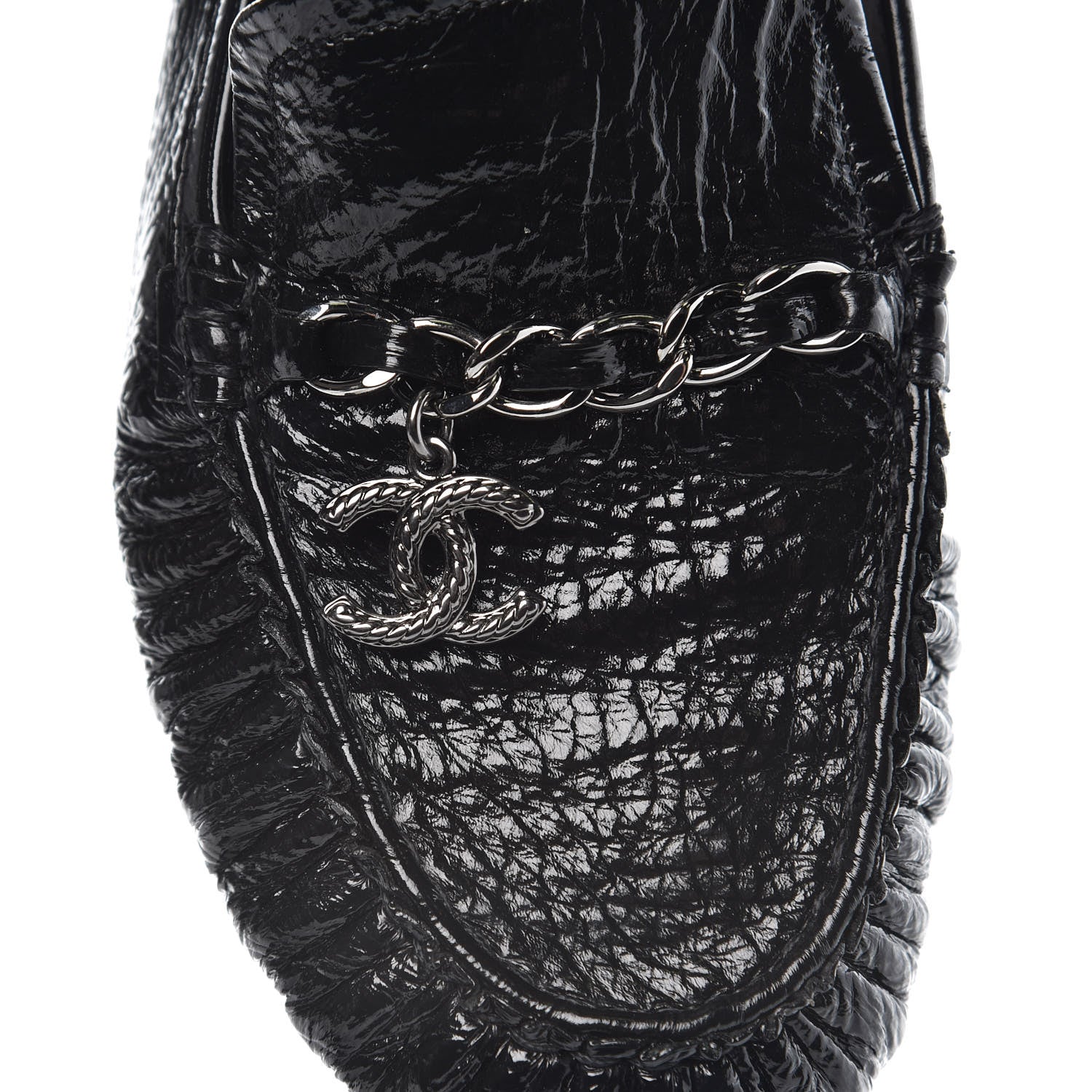 Chanel Patent Crackled Calfskin CC Mocassin Loafers 41 Black 8 of 9