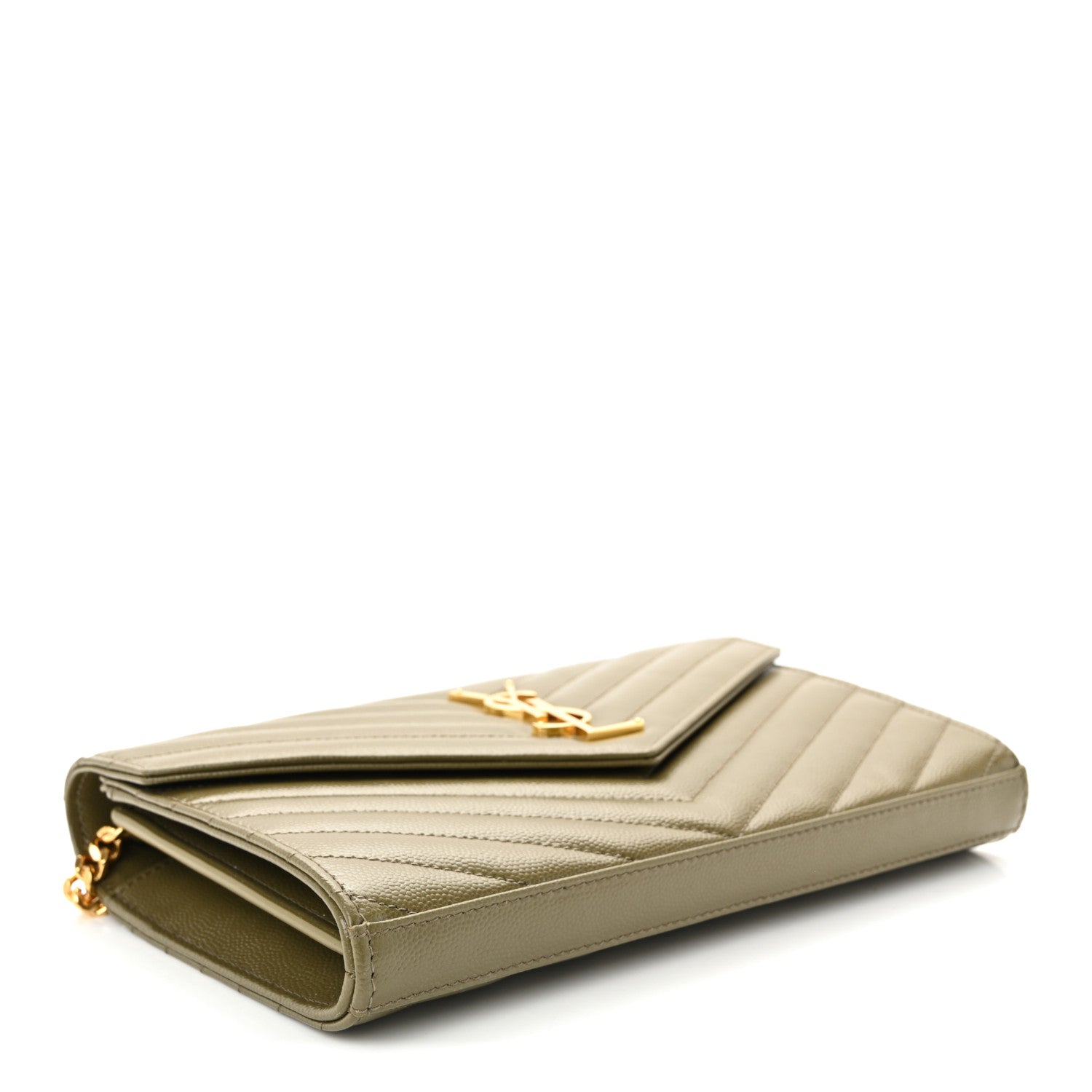 Saint Laurent Grain De Poudre Matelasse Chevron Monogram Chain Wallet Vert Kaki 4 of 9