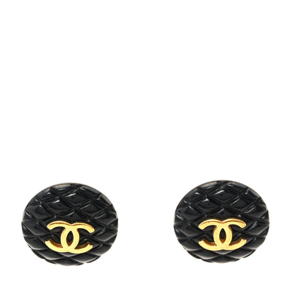 Chanel Enamel Quilted CC Clip On Earrings Black Gold 1 of 4