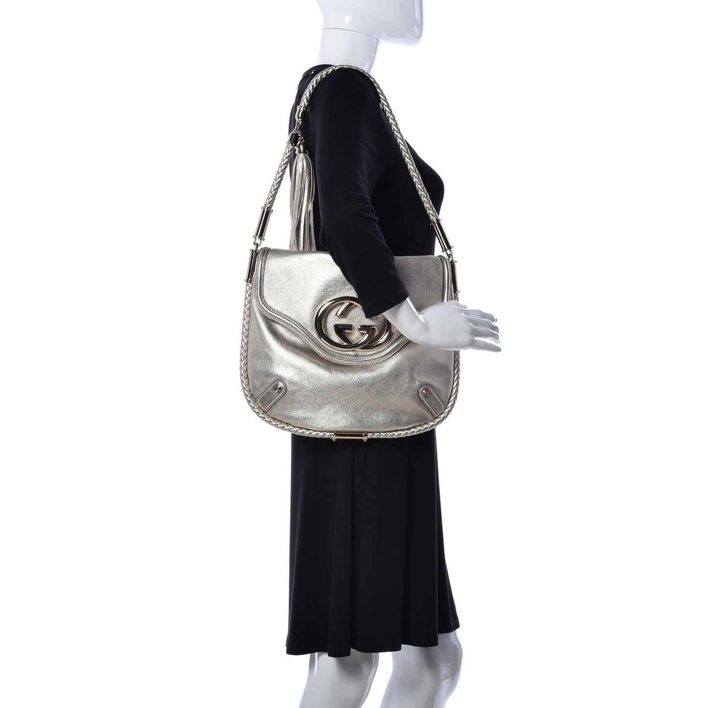 Metallic Calfskin Medium Britt Tassel Shoulder Bag Platinum