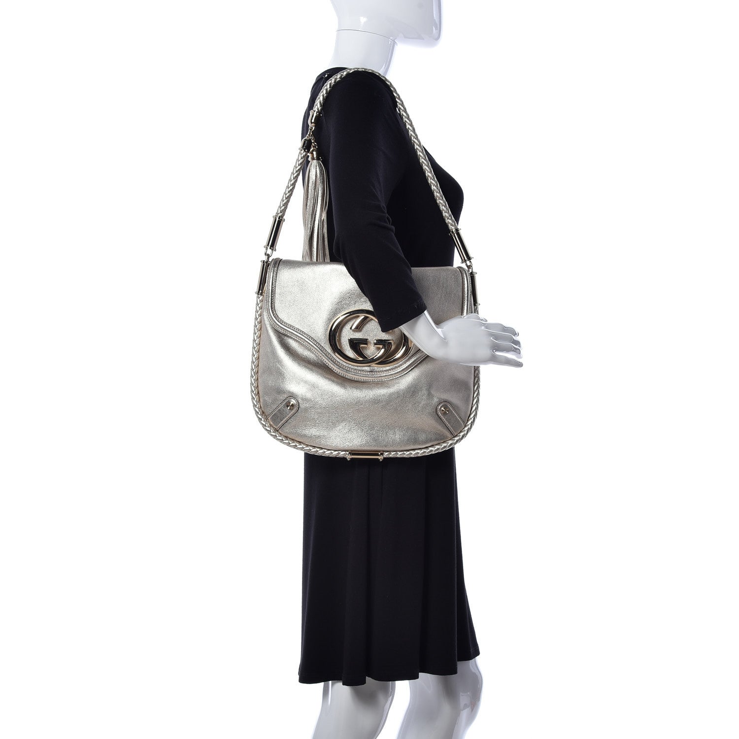 Gucci Metallic Calfskin Medium Britt Tassel Shoulder Bag Platinum 2 of 9
