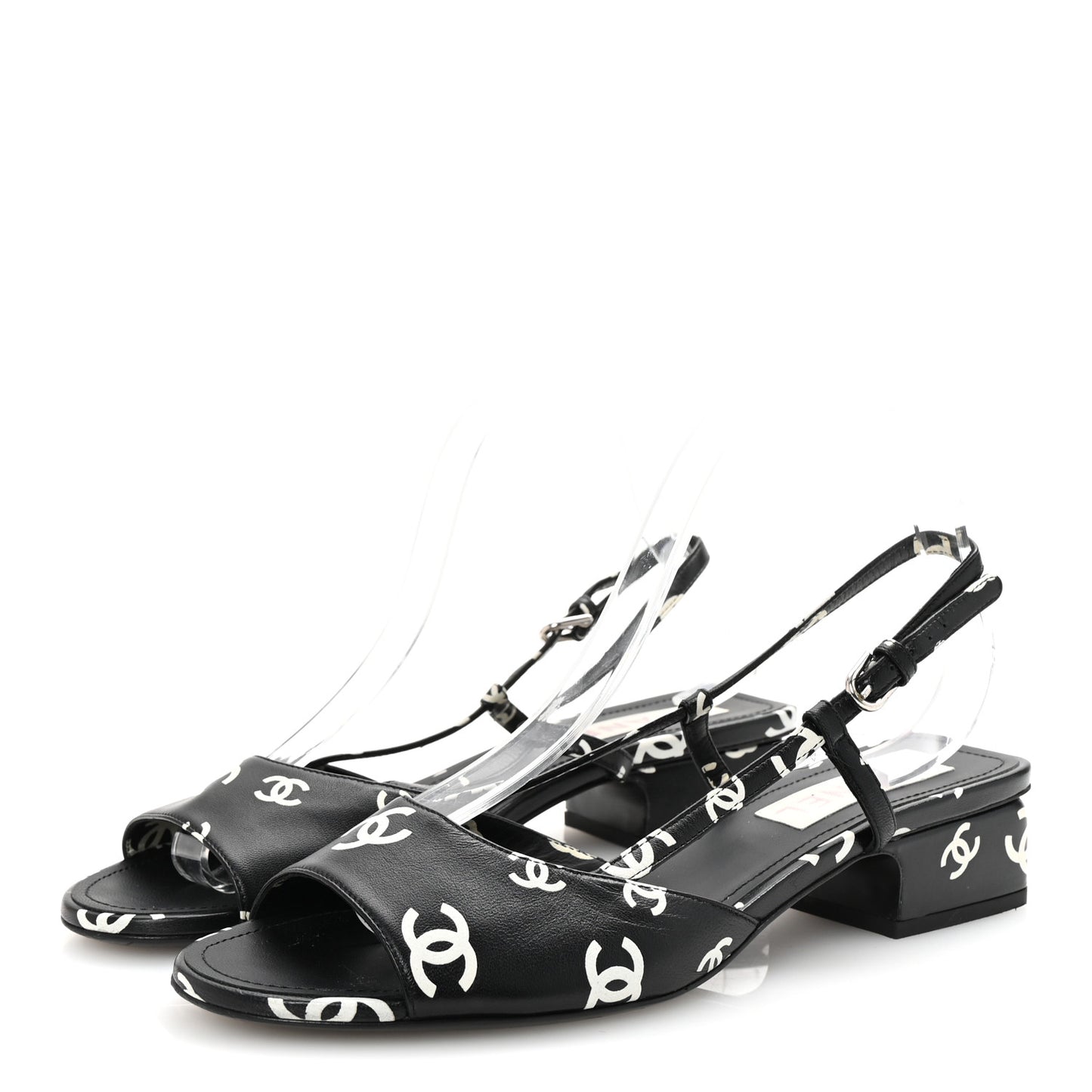 Printed Lambskin CC Slingback Sandals 41 Black White