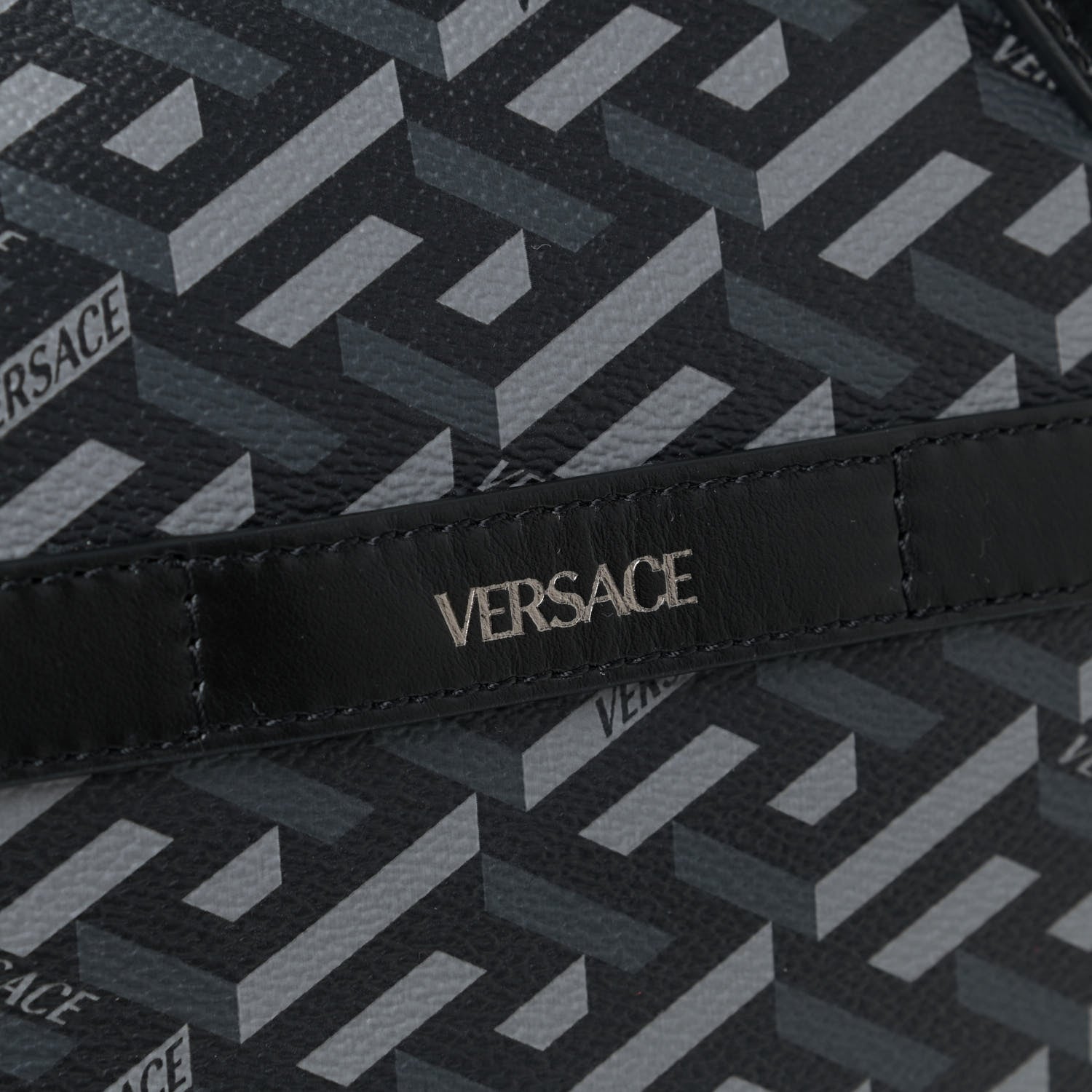 Versace Coated Canvas Calfskin La Greca Signature Travel Bag Black Grey 8 of 10