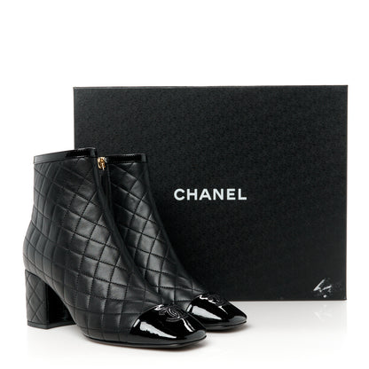 Chanel Lambskin Quilted Patent Cap Toe CC Booties 38 Black 10 of 10