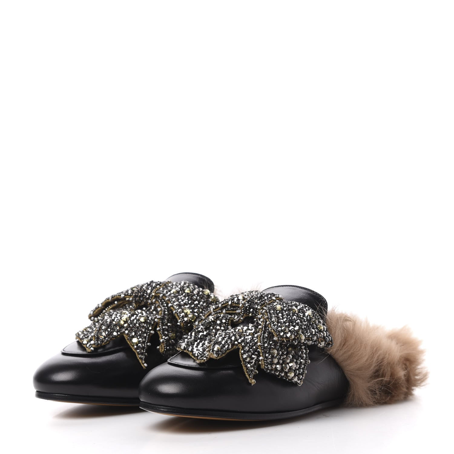 Gucci Malaga Kid Fur Crystal Bow Embroidered Womens Princetown Slippers 38 Black 3 of 10