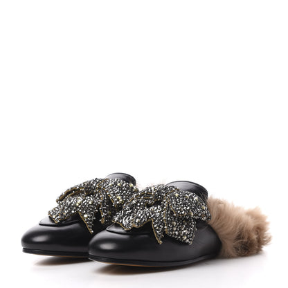 Gucci Malaga Kid Fur Crystal Bow Embroidered Womens Princetown Slippers 38 Black 3 of 10
