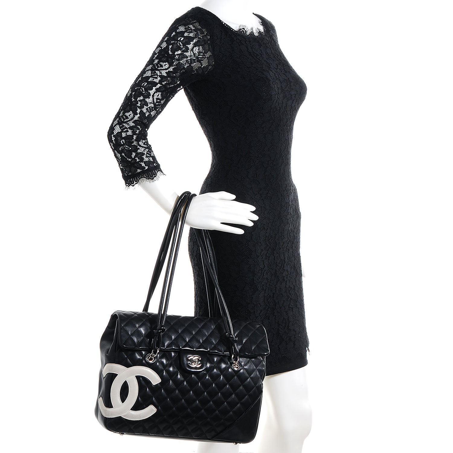 Chanel Calfskin Quilted Large Cambon Flap Black White 2 of 8