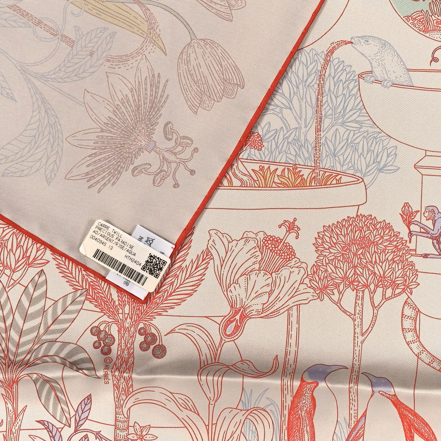 Hermes Silk Twill Precious Paradise Scarf 90 Argent Rose Aqua