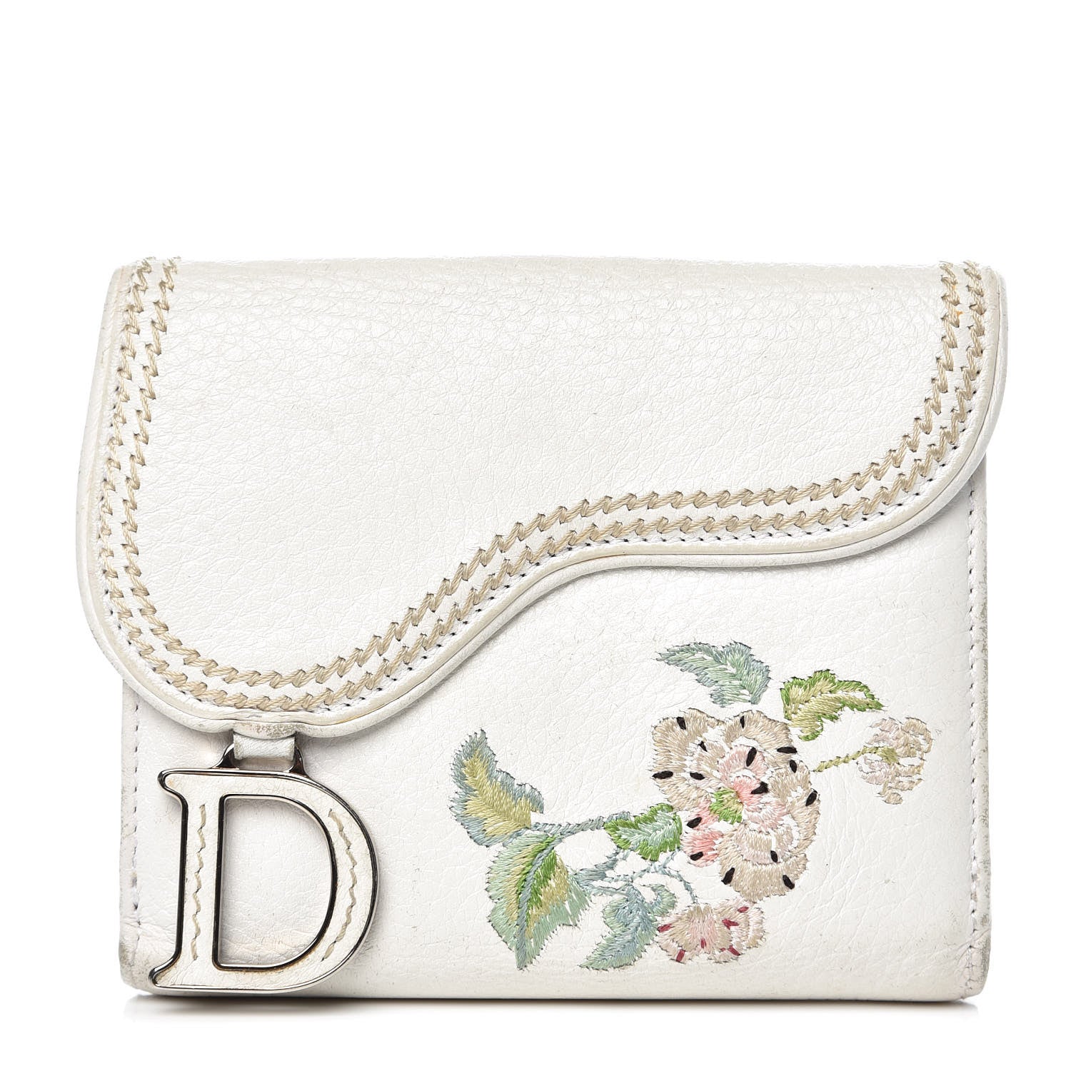 Christian Dior Calfskin Embroidered Romantic Flowers Saddle Compact Wallet White 1 of 17