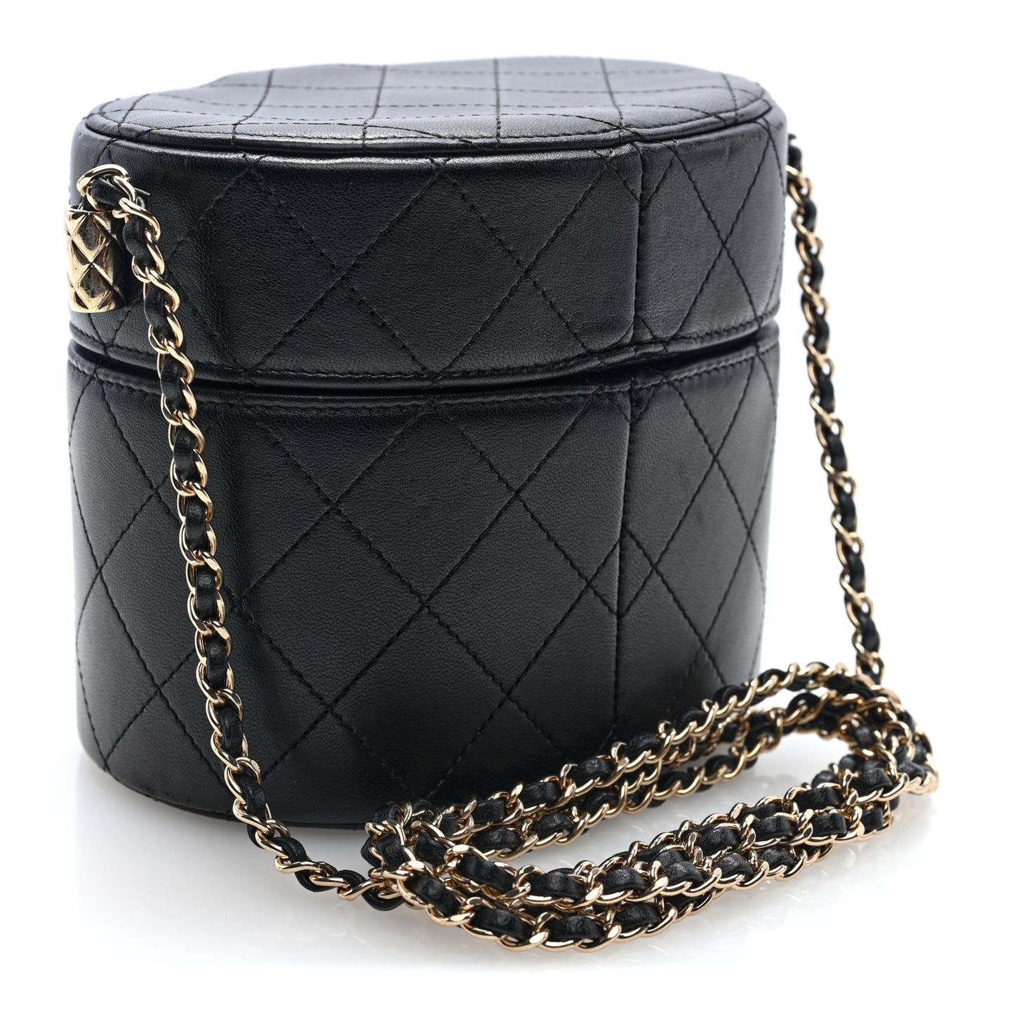 Lambskin Quilted Round Vanity Case With Chain Black