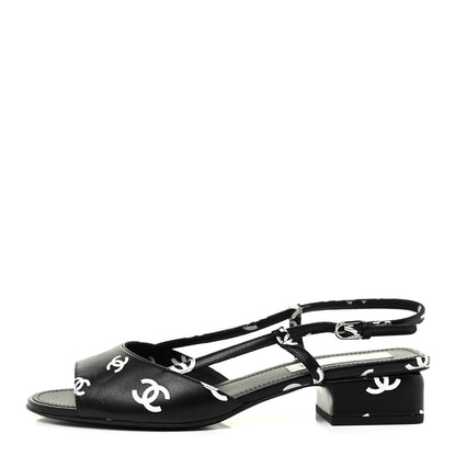 Chanel Printed Lambskin CC Slingback Sandals 40 Black White 1 of 12