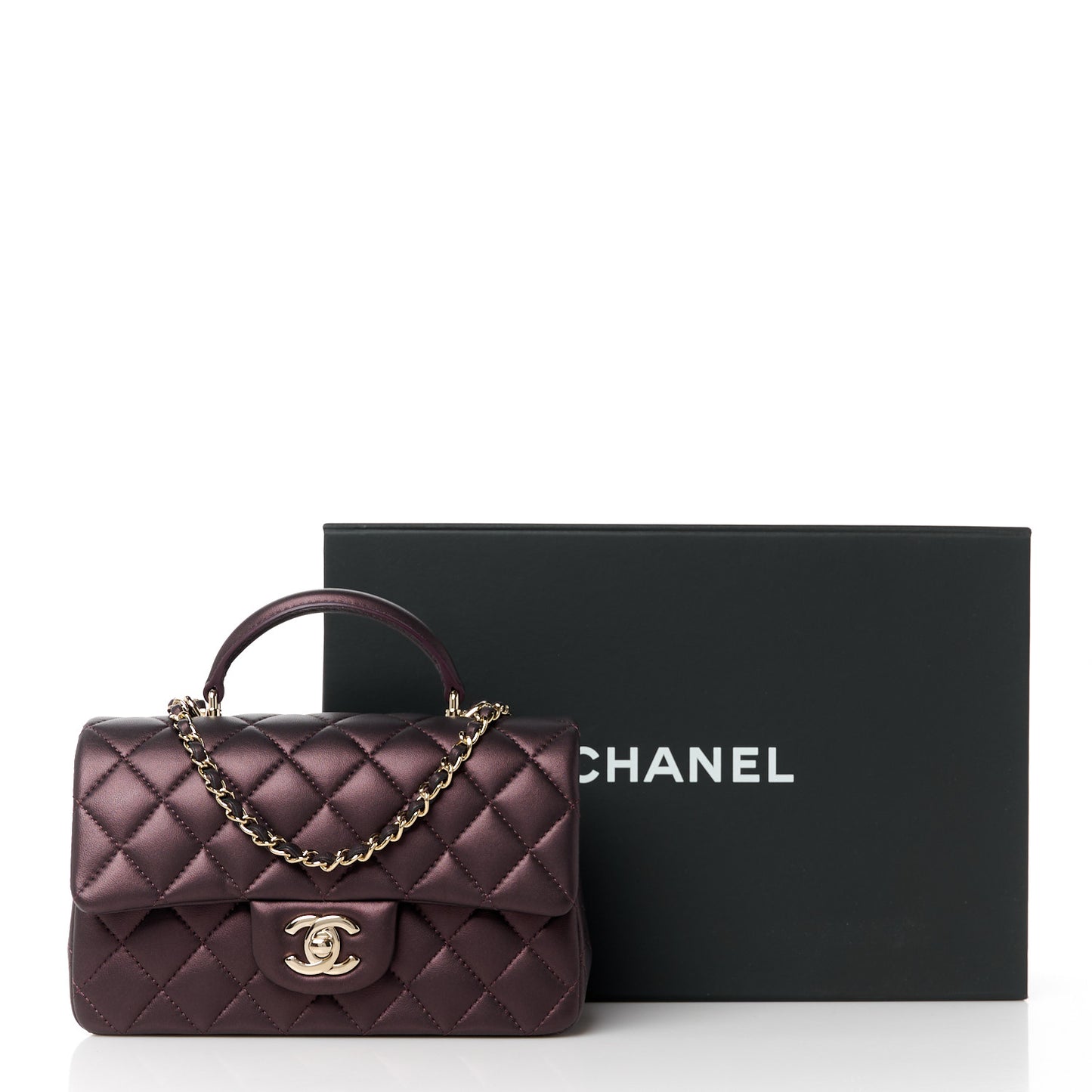 Iridescent Lambskin Quilted Mini Top Handle Rectangular Flap Burgundy