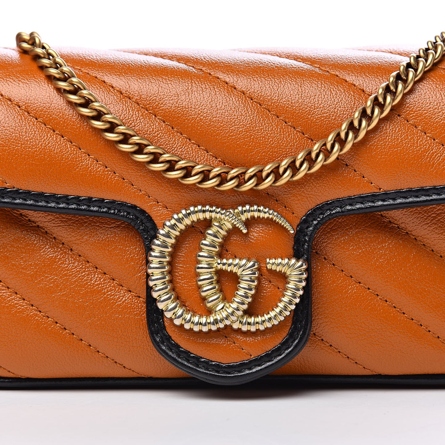 Vintage Effect Calfskin Matelasse Diagonal Super Mini Torchon GG Marmont Shoulder Bag Cognac