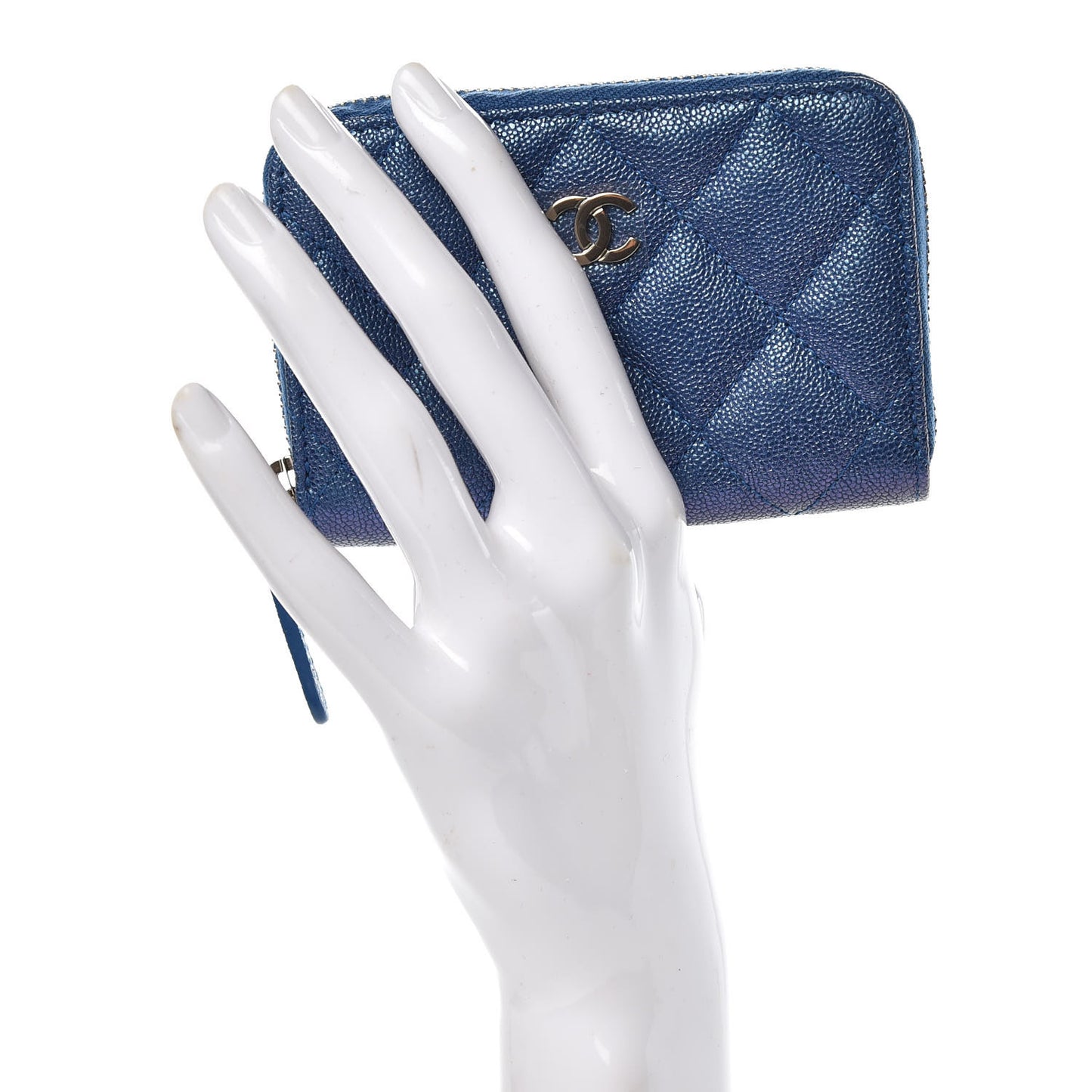 Metallic Caviar Quilted Zip Coin Purse Dark Blue