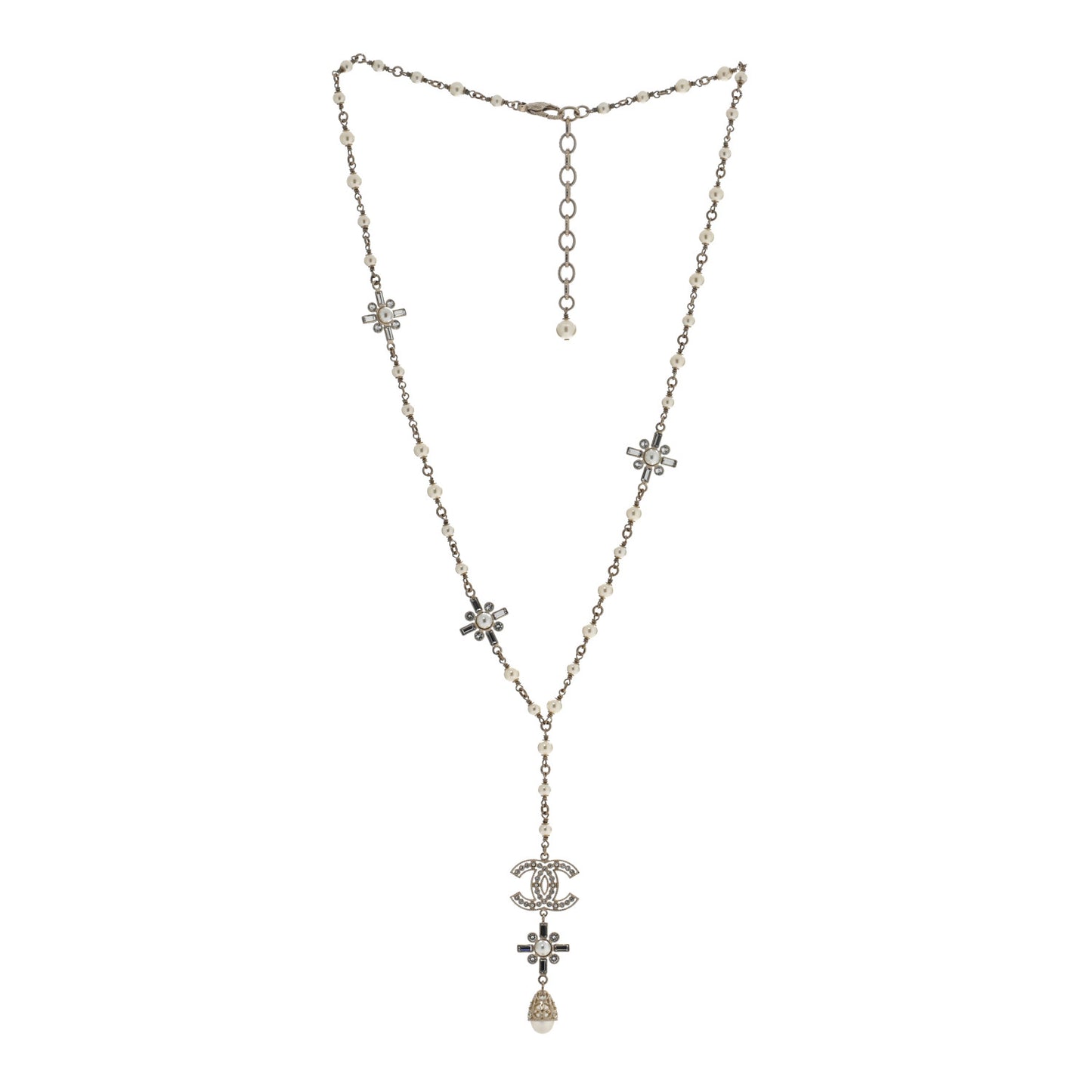 Crystal Baguette Pearl CC Cross Drop Necklace Gold