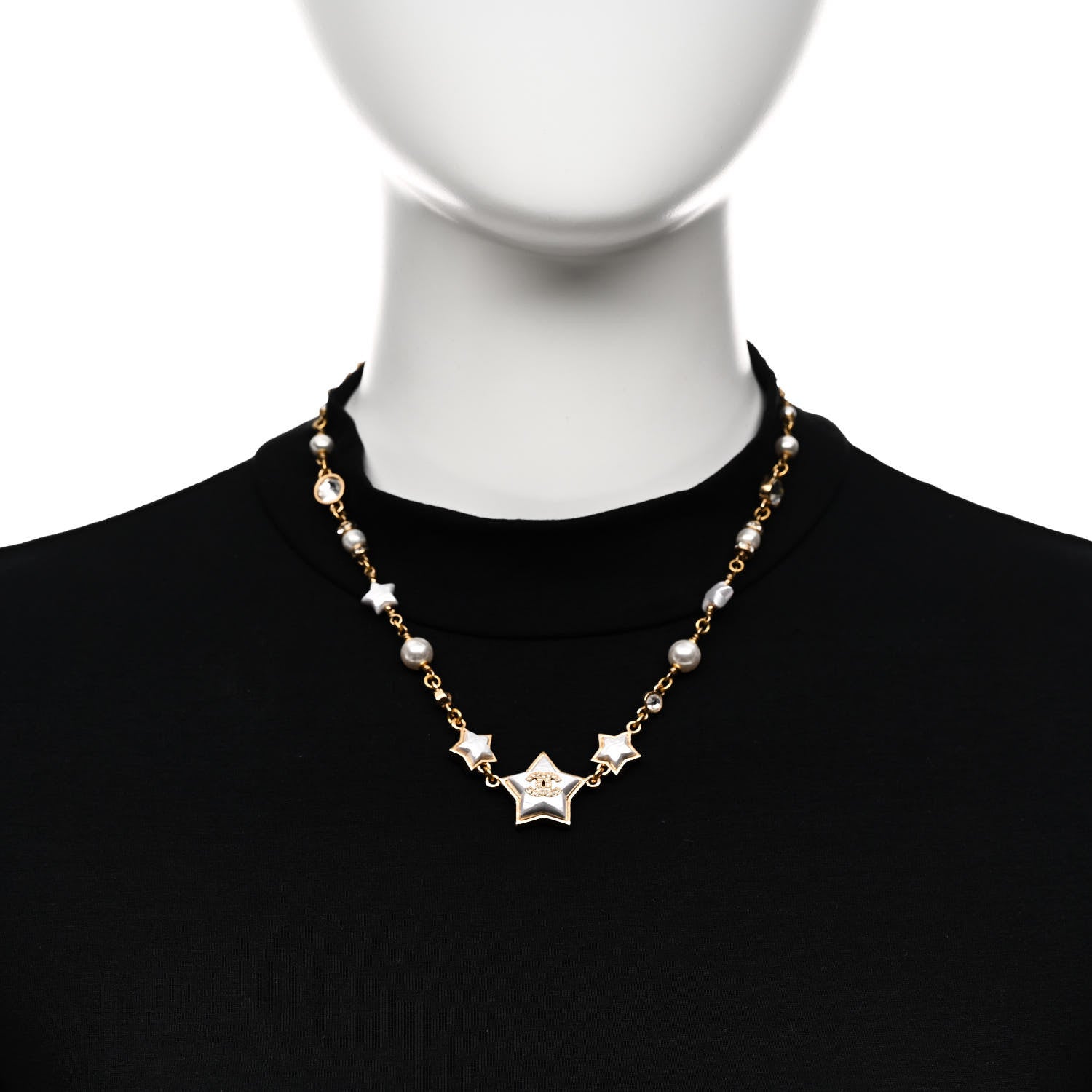 Chanel Metal Pearl Crystal CC Star Gold Pearly White 2 of 5