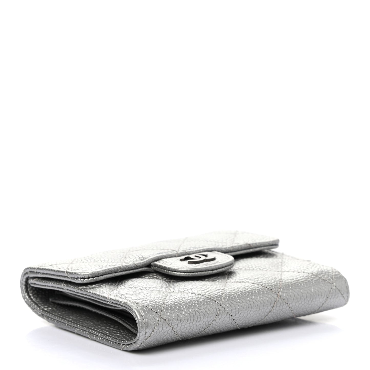 Metallic Caviar Quilted Compact Flap Wallet Silver