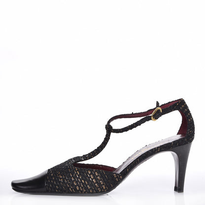 Chanel Tweed Lambskin Cap Toe T-Strap Pumps 39 Brown 1 of 8