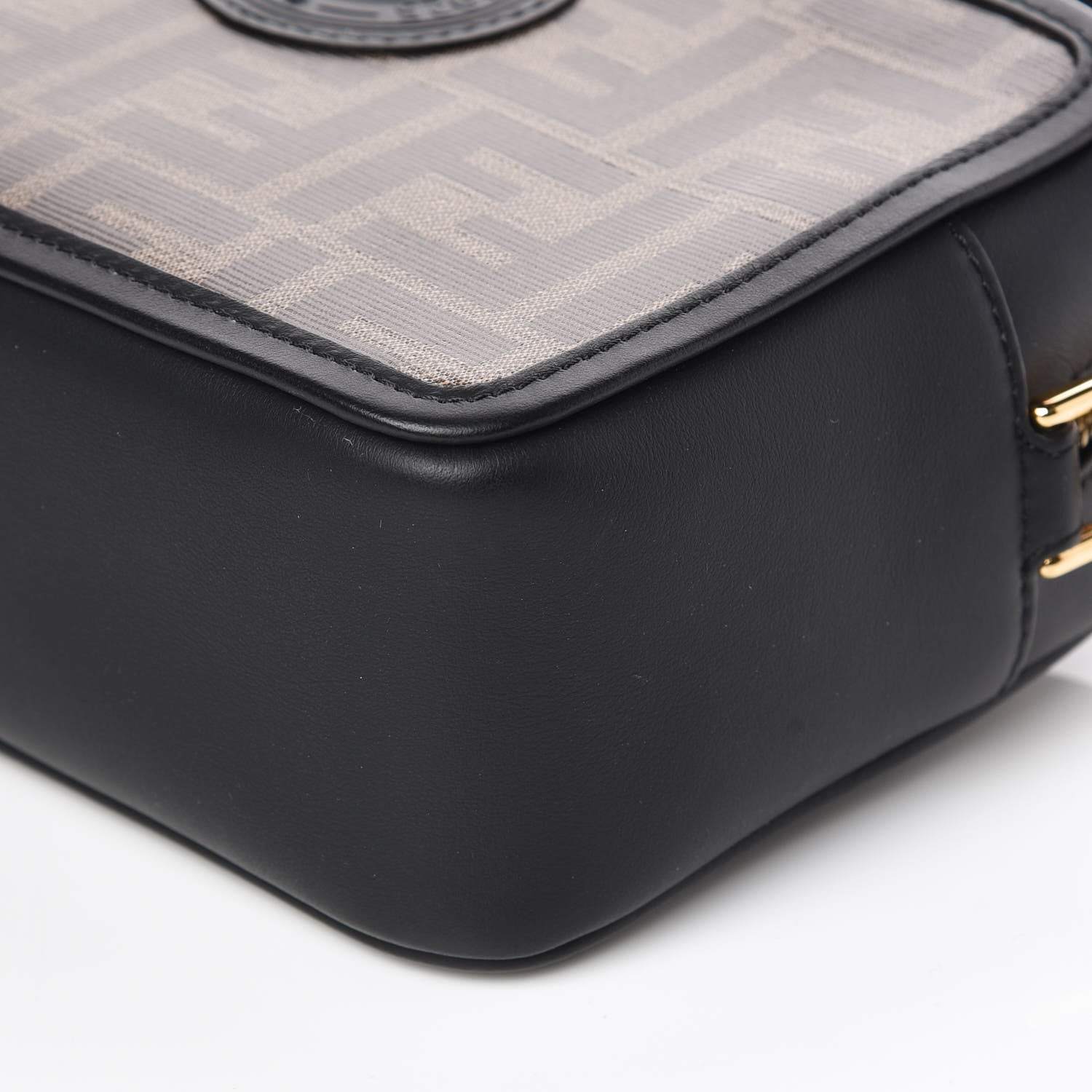 Fendi Glazed Fabric Vitello Century FF 1974 Stamp Patch Mini Camera Case Mogano Panna Black 6 of 9