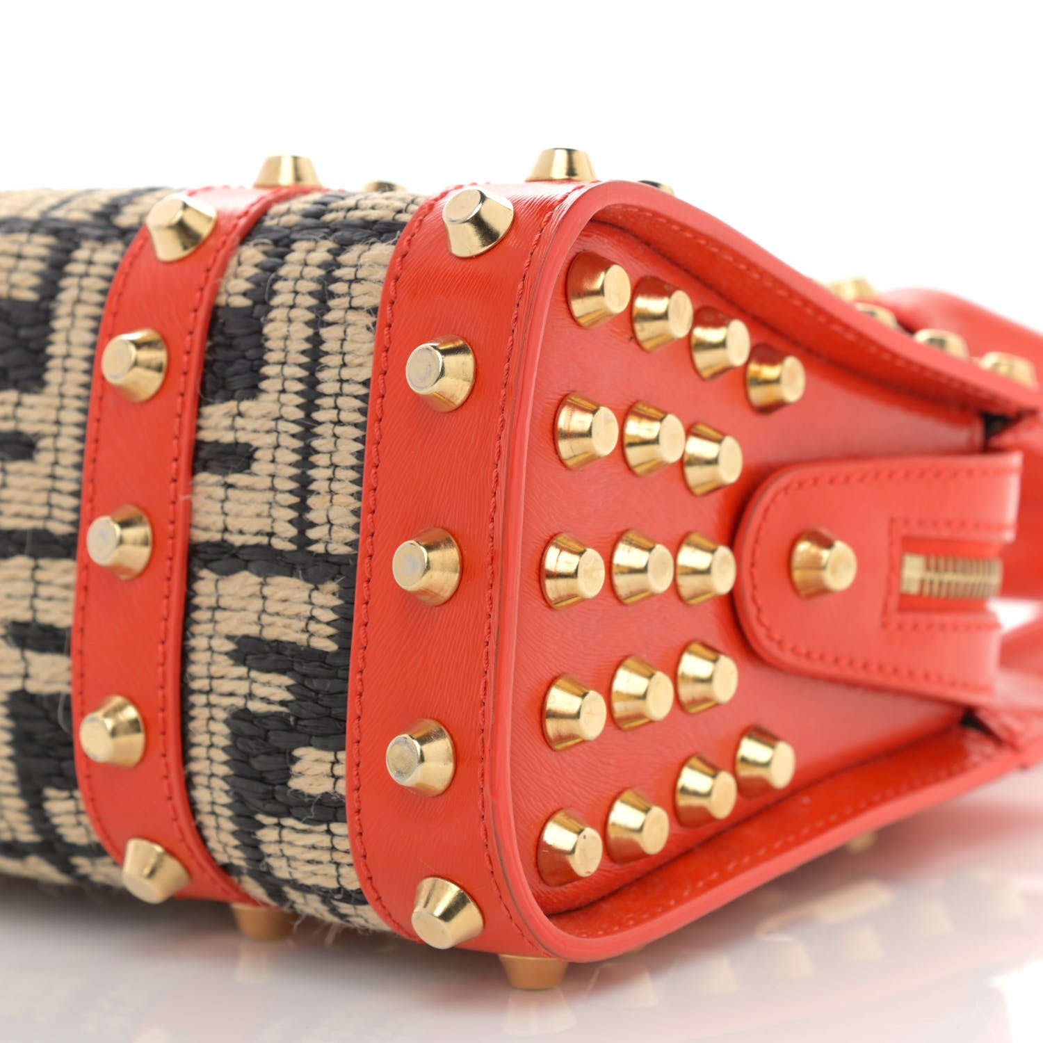 Fendi Raffia Calfskin FF Studded Satchel Orange 10 of 11